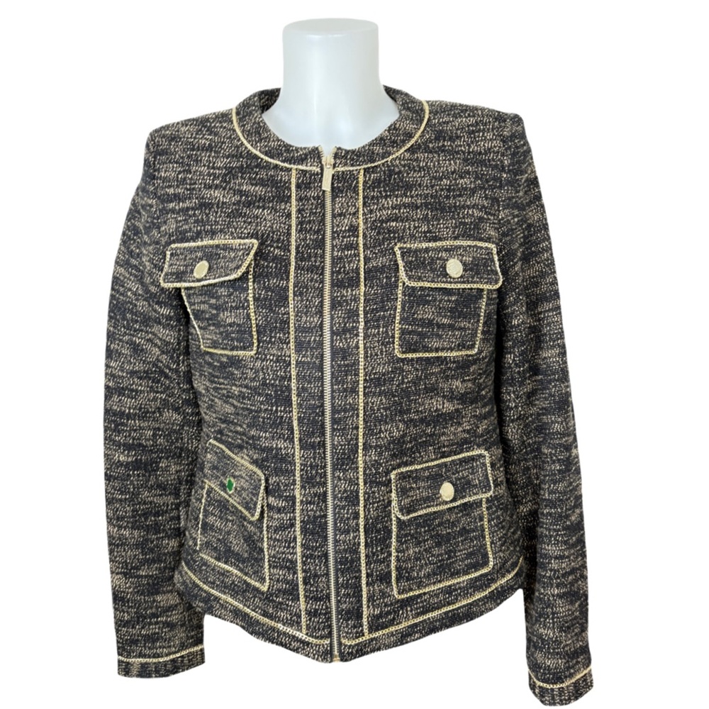 Karl Lagerfeld Black and Gold Textured Blazer with Gold Chain Detail - Picture 2 of 9